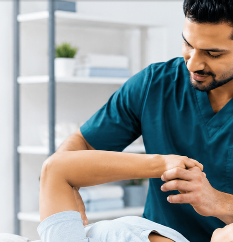 Physiotherapist assisting patient during movement therapy